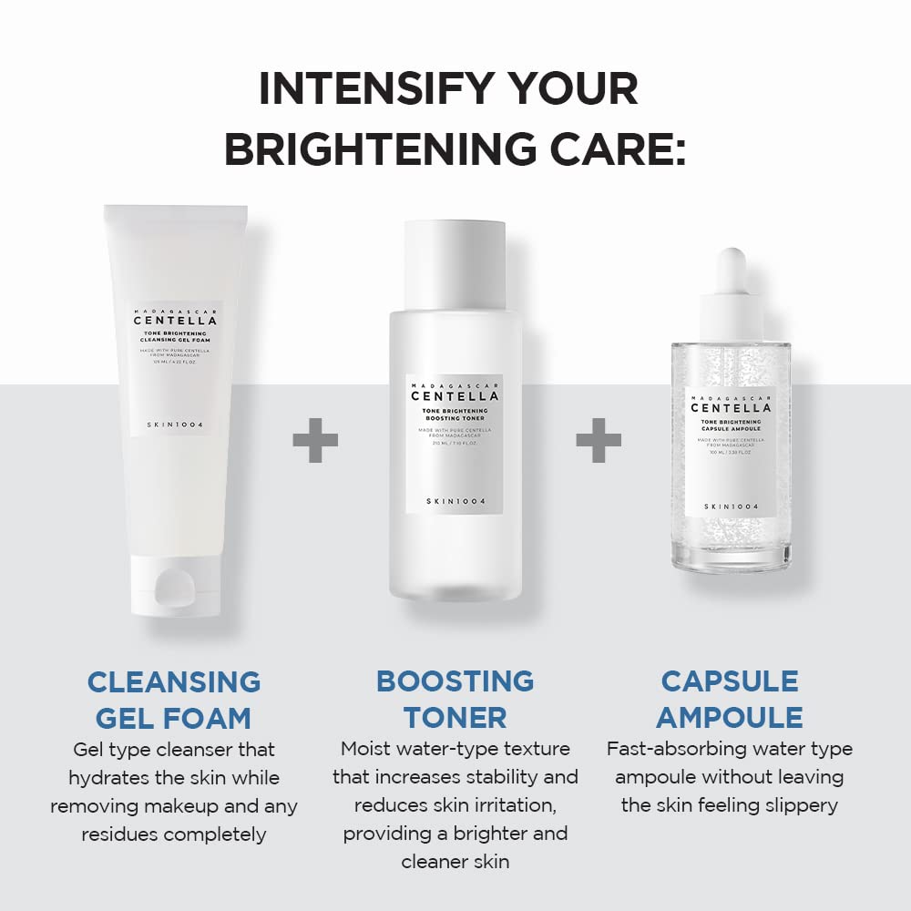 Image showing three products: cleansing gel foam, boosting toner, and capsule ampoule for brightening care.